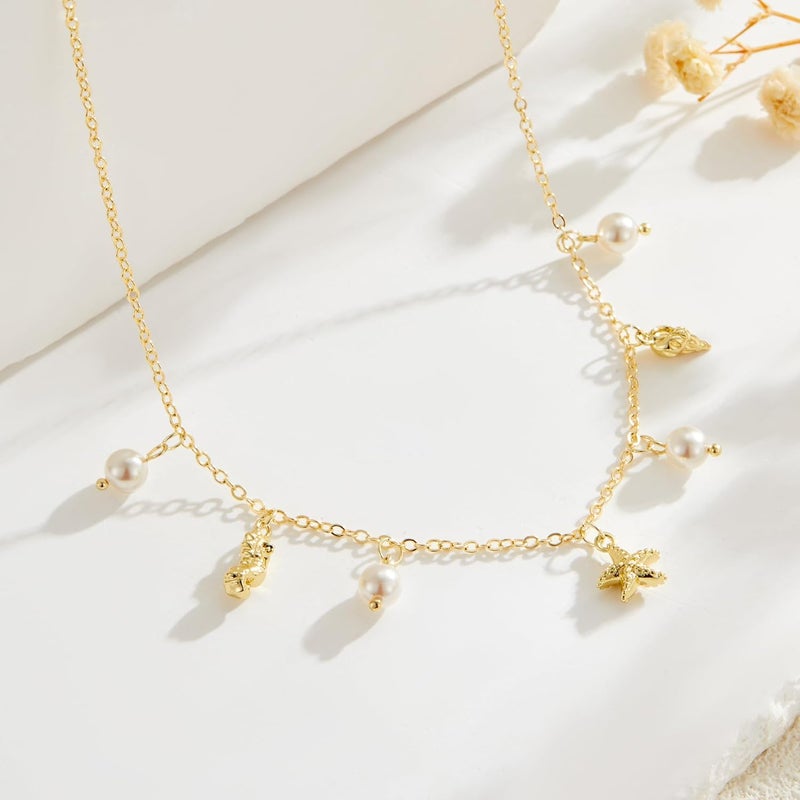 Sanyaa Seashell Starfish Necklace for Women Conch Shell Summer Pearl Beach 14k Gold Layered Dainty Choker - Image 4